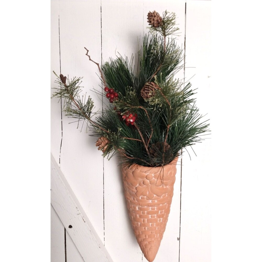 Terracotta Cornucopia Horn of Plenty Centerpiece, Hanging Wall Pocket Xmas Deco